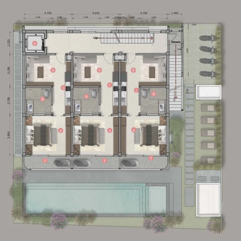 Grundriss mit drei Apartments nebeneinander und Pool im Garten